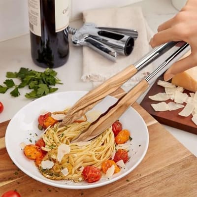 Tang van olijfhout, 30 cm keukentang van roestvrij staal met houten punten, tang van hout met roestvrijstalen handgreep, barbecuetang van hout, gereedschap voor koken, grillen, buffet