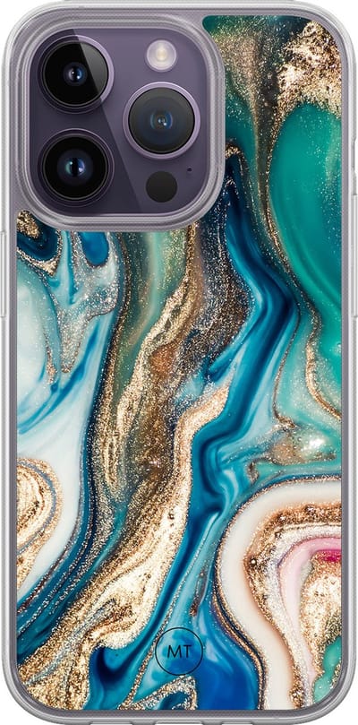 Hybride hoesje geschikt voor iPhone 15 Pro - Magic marble - Extra bescherming - Luxe beschermhoes - TPU case - Transparant, Multi, Groen - Mooie Telefoonhoesjes
