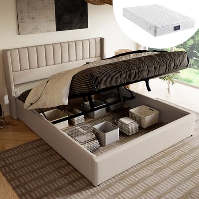 MEUNIQ tweepersoons bed 140x200 cm met hydraulische opbergruimte, gestoffeerd bedframe met lattenbodem en hoofdbord voor slaapkamer, beige