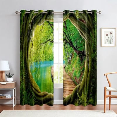 3D-printen Realistisch Effect Bos Zee Landschap Raamkozijn Gordijnen Slaapkamer Woonkamer Ruimte Keuken Gordijn Decoratie 2 Panelen Cortinas 100W130H(CM)&Rod Pocket
