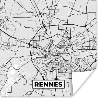 Poster Kaart - Stadskaart - Frankrijk - Rennes - Plattegrond - 100x100 cm XXL