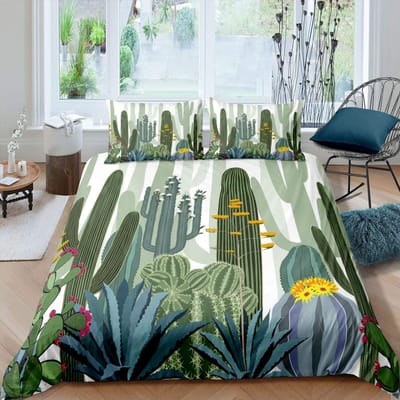 Cactus Dekbedovertrek Set King Size Handgeschilderde Stijl Beddengoed Set Natuur Kunst Prints Dekbedovertrek Groene Plant Cactus Quilt Overtrek EU single(135x200cm)