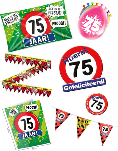 75 jaar verjaardag versiering pakket – vlag - gevelvlag – ballon – paperdreams