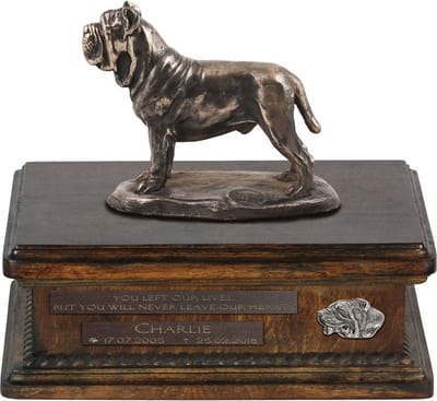 Persoonlijke urn voor Neapolitaanse Mastiff met beeldje en houten design