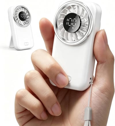 Mini Handventilator Wit met Digitaal Display | Oplaadbare Zakventilator met 5 Standen | Draagbare Mini Ventilator | Stille & Lichtgewicht Draagbare Fan | voor Thuis, Kantoor & Onderweg | Essentieel voor Zomerreizen & Buitenactiviteiten