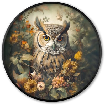 Poster in lijst Rond - Fotolijst 60x60 cm - Posters - Uil - Vogels - Bloemen - Natuur - Ronde posterlijst zwart - Decoratie - Wanddecoratie woonkamer - Muurdecoratie slaapkamer