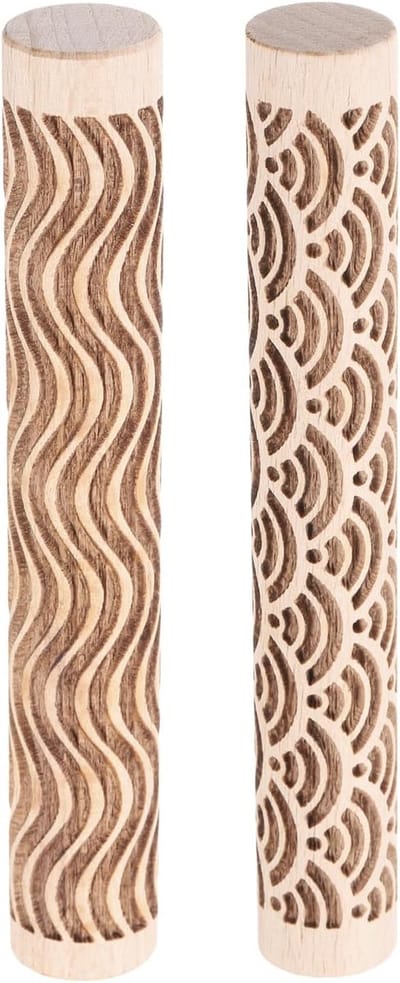 2 stuks houten kleiroller, 10,2 cm watergolf, gebogen lijnen, patroon, deegroller, pottenbakkersgereedschap, houtnerf, textuurroller voor klei, bakdeeg, doe-het-zelf