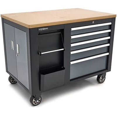 HBM Verrijdbare Gereedschapswagen, Werkbank 114 cm met Houten Werkblad, Zwart/Grijs