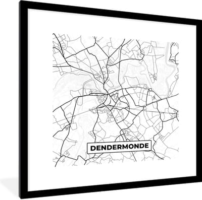 Fotolijst incl. Poster Zwart Wit- Stadskaart – Zwart Wit - Kaart – Dendermonde – België – Plattegrond - 40x40 cm - Posterlijst