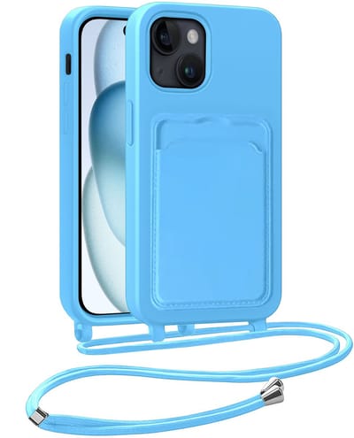 Hoesje Geschikt voor iPhone 15 Plus Hoesje Met Telefoonkoord en Pasjeshouder Siliconen - Hoes Geschikt voor iPhone 15 Plus Hoesje Met Kaarthouder Case - Lichtblauw
