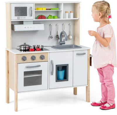 COSTWAY Kinderkeuken, speelkeuken incl. 18 accessoires, houten keuken met spoelbak, magnetron, ijsmachine, oven, speelgoedkeuken, houten keuken voor kinderen vanaf 2 jaar (wit)