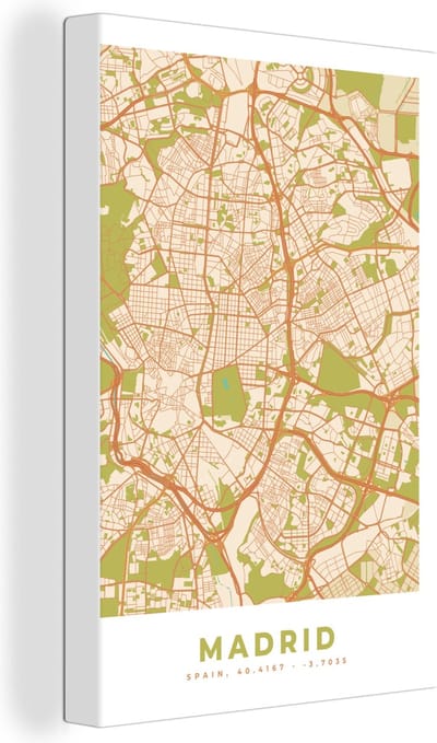 Canvas Schilderij Madrid - Vintage - Stadskaart - Plattegrond - Kaart - 20x30 cm - Wanddecoratie