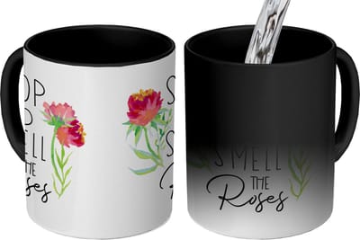 Magische Mok - Foto op Warmte Mokken - Koffiemok - Quotes - Stop and smell the roses - Spreuken - Magic Mok - Beker - 350 ML - Theemok - Mok met tekst