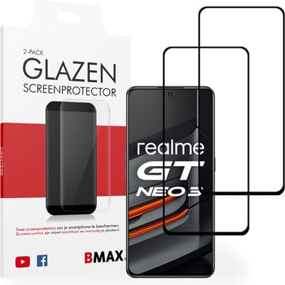 2-pack BMAX geschikt voor Realme GT Neo 3 Screenprotector - Full Cover - Gehard glas - Tempered glas - Realme screenprotectors 2 stuks - Telefoonglaasje - Beschermglas - Glasplaatje - Screensaver - Screen protector - Case friendly - Zwart