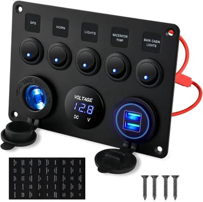 GELLDG 5-standen multifunctionele tuimelschakelaar - met dubbele USB-oplader, digitale voltmeter en 12V-aansluiting - voorgemonteerd schakelpaneel - met stroomonderbreker - geschikt voor campers, auto's, boten, vrachtwagens en trailers.