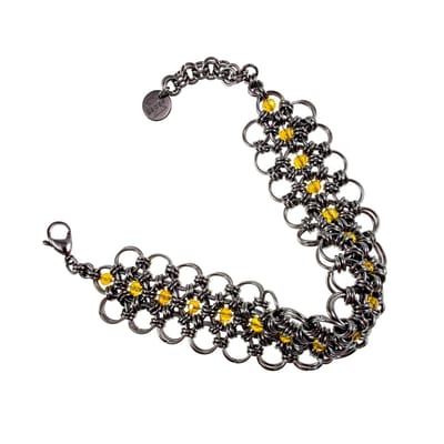 Brede Armband Dames - RVS - Exclusieve Armband met Amberkleur Kristallen - Handgemaakt door esde2 - Verstelbaar 16cm tot 19cm