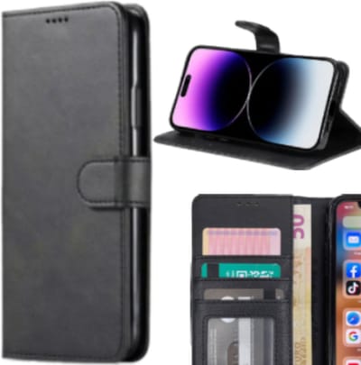 iPhone 15 Bookcase Telefoon hoesje Stevige Portemonnee Wallet Case – Pasjeshouder - Kunstleer - Zwart