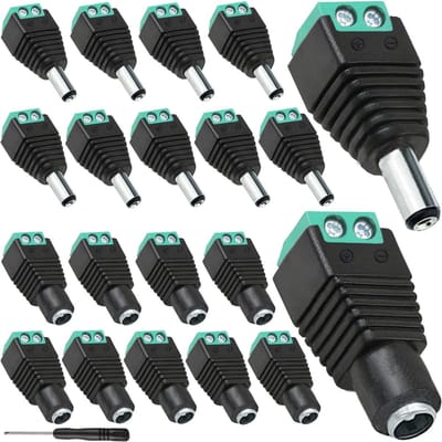 DC Power Connector - Stekker Adapter - Apparatuur Aansluiten - Dubbel Spuitgegoten - 20 Stuks - Zwart