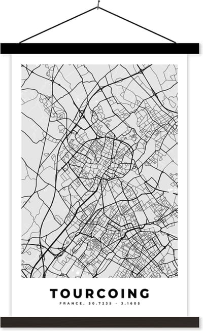 Posterhanger incl. Poster 40x60 cm - Schoolplaat - Plattegrond - Kaart - Stadskaart - Frankrijk - Tourcoing - Textielposter - Zwarte latten - Stadskaart