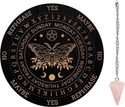 Dailygoods- Pendulum Board 7,8" - Houten Gesneden Bord - Kristallen Pendel Ketting - Roestvrijstalen Kabel - Metafysische Boodschap - Voor Hekserij/Wiccan Altaar - Waarzegbord