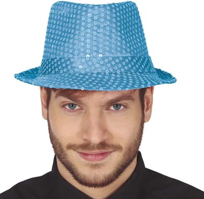 Fiestas Guirca Carnaval verkleed hoedje - glitter aqua blauw - volwassenen/heren - met paillette