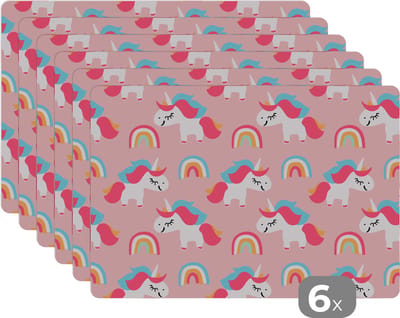 Placemat - Placemats kunststof - 45x30 cm - Unicorn - Regenboog - Roze - Patroon - 6 stuks - Borden onderleggers antislip - Tafel decoratie - Luxe tafelversiering - Tafelmat vinyl - Bord onderlegger - Tafeldecoratie accessoires
