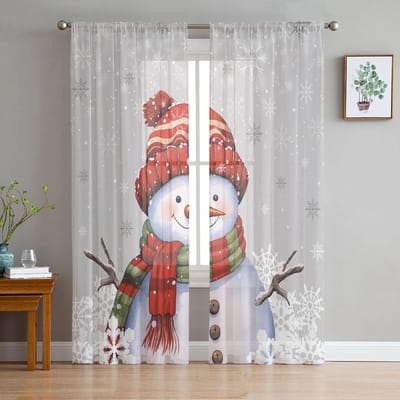 Kerst Sneeuwvlok Sneeuwman Grijs Transparante Gordijnen voor Woonkamer Decoratie Raamgordijnen Keuken Tule Voile Gordijnen W135 x H115cm x1 gray