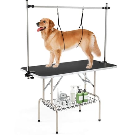 COSTWAY Hondenverzorgingstafel, inklapbaar, in hoogte verstelbaar, trimtafel met netmand en 2 lussen, hondenkappertafel, voor honden, katten, huisdieren, tot 150 kg belastbaar, zwart