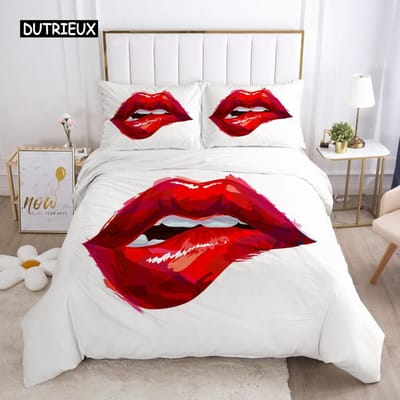 Rode Lippen Dekbedovertrek Set Queen Polyester Liefde Twin Beddengoed Set Sexy Thema Volwassen Stel Dekbedovertrek 3D Kusafdrukken Quilt Hoes AU Queen(210x210cm)