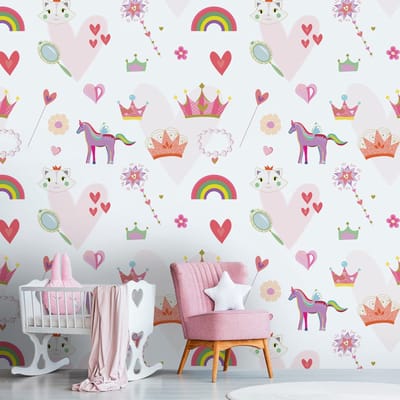 Fotobehang Profhome 391931-GU vliesbehang hardvinyl warmdruk in reliëf glad met kinder patroon mat roze wit zuurstokroze geel 1,59 m x 2,8 m