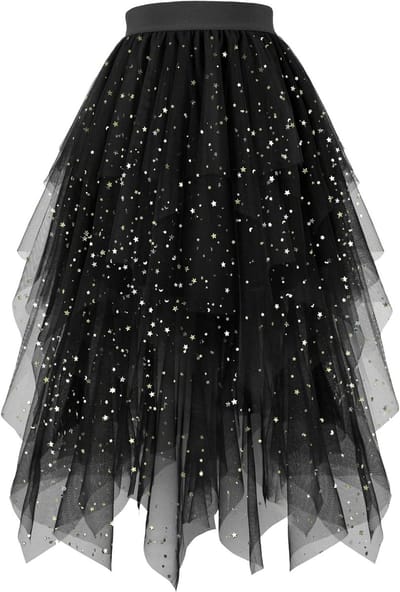 Elegante lange zwarte tule rok voor dames, 80 cm, hoge taille, A-lijn, perfect voor feesten en kostuums