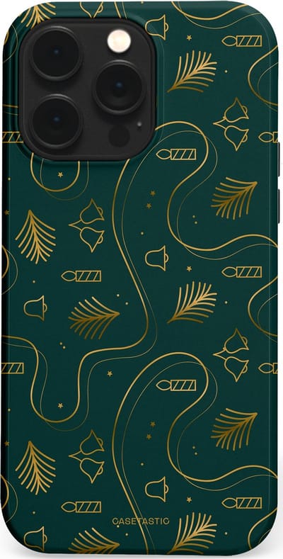 Casetastic hoesje geschikt voor Apple iPhone 14 Pro Max - MagSafe - Dubbellaagse bescherming - Groene kerst bellen en takken - Fashion Case - Donkergroen Donkergrijs Petrol