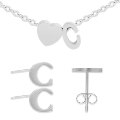 Initiaal Armband & Oorbellen set met Letter C Zilverkleurig - Stainless Steel - Met letter & Hartje! - 2x Sieraden Cadeau - Pax Amare