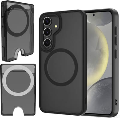 Hoesje + Pasjeshouder geschikt voor Samsung Galaxy S25 - Portemonnee geschikt voor MagSafe - Magnetisch - Pasjes Houder - Creditcardhouder - Gerookt Zwart