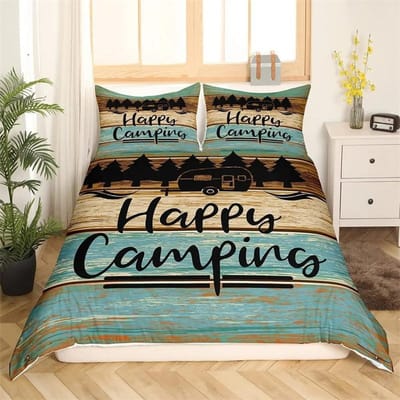 Happy Camping Dekbedovertrek King, Zomer Kamperen Decoratie Beddengoed Voor Jongen Tieners Familie, Strandvakantie Stijl Dekbedovertrek Set 200x200cm 3pcs