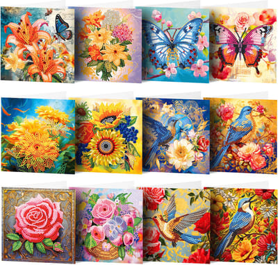 Adorzy Diamond Painting Kaarten – 12 Wenskaarten met envelop - Diamond Painting Volwassenen – Diamond Painting Volledig Pakket