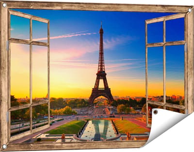 Gards Tuinposter Doorkijk Parijs Eiffeltoren tijdens de Zonsopkomst - 90x60 cm - Tuindoek - Tuindecoratie - Wanddecoratie buiten - Tuinschilderij