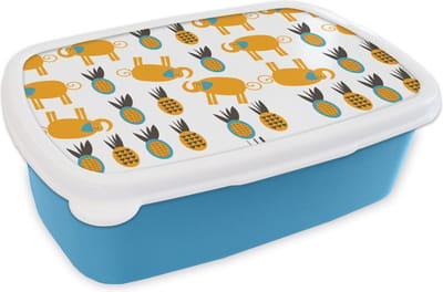Broodtrommel Blauw - Lunchbox - Brooddoos - Olifant - Ananas - Geel - Patroon - 18x12x6 cm - Kinderen - Jongen
