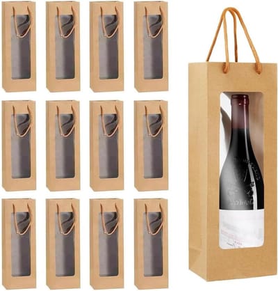 Dailygoods- Wijngeschenkzakken 12 Stuks - Kraftpapier - Herbruikbare Draagtassen - Doorzichtig Venster - Handgrepen - Perfect voor Feesten - Wijnzakken