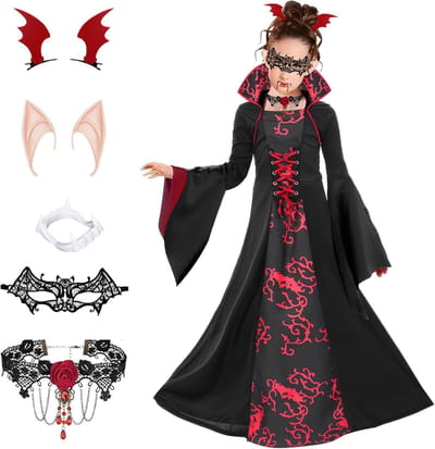 Gothic Vampier Kostuum voor Meisjes met Kunsttanden, Oorbellen en Oogmasker voor Halloween en Feestjes