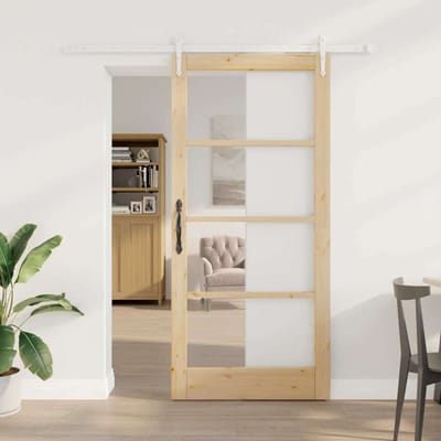 vidaXL - Schuifdeur - 93 - x - 202 - cm - Massief - grenenhout - en - glas - Naturel