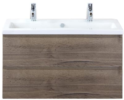 Vogue Badmeubelset 100 cm - Greeplijst in Kleur - Tabacco - Keramische Wastafel Wit 2 Kraangaten