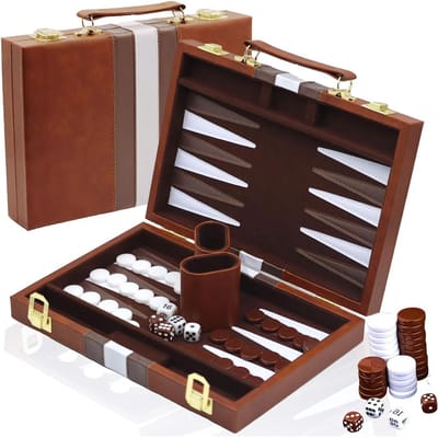 DnA® Backgammon - Backgammon Koffer - Backgammon Reiseditie - Backgammon Hout - Bruin - 29cm x 20cm x 1cm