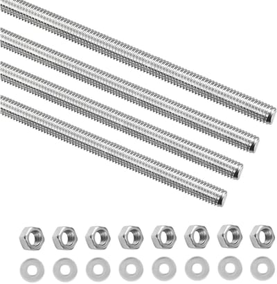 Set van 4 M6 Draadstangen van 300mm in RVS met 8 Onderleggers en Moeren voor Machine- en Meubelbouw