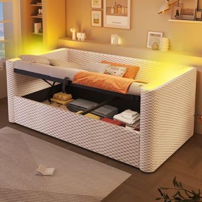 Slaapbank 90x200 cm - Met LED En Hydraulische Opbergruimte - Met Lattenbodem - Fluweel - Beige