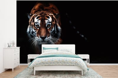 Behang - Fotobehang Dieren - Tijger - Zwart - Wild - Portret - Breedte 350 cm x hoogte 260 cm