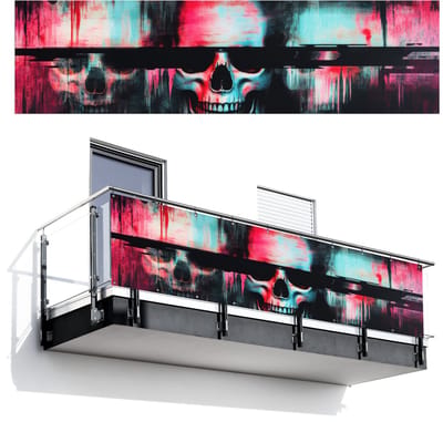 Balkonscherm 300x80 cm - Balkonposter Schedels - Glitch - Cyberpunk - Balkon scherm decoratie - Balkonschermen - Balkondoek zonnescherm