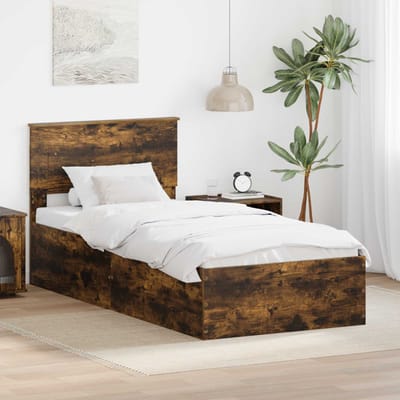 vidaXL - Bedframe - met - hoofdeinde - Rook - Eiken - 90 - x - 190 - cm - Bewerkt - hout