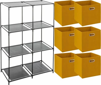 5Five Kastmandjes/opberg manden - okergeel - 6x stuks van 29L - Metalen rekje is 68 x 98 cm