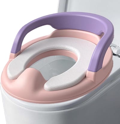 Kinder Toiletbril - Zindelijkheidstrainer - Zindelijkheidstraining - Met handgrepen - 37x36 cm - Roze Paars